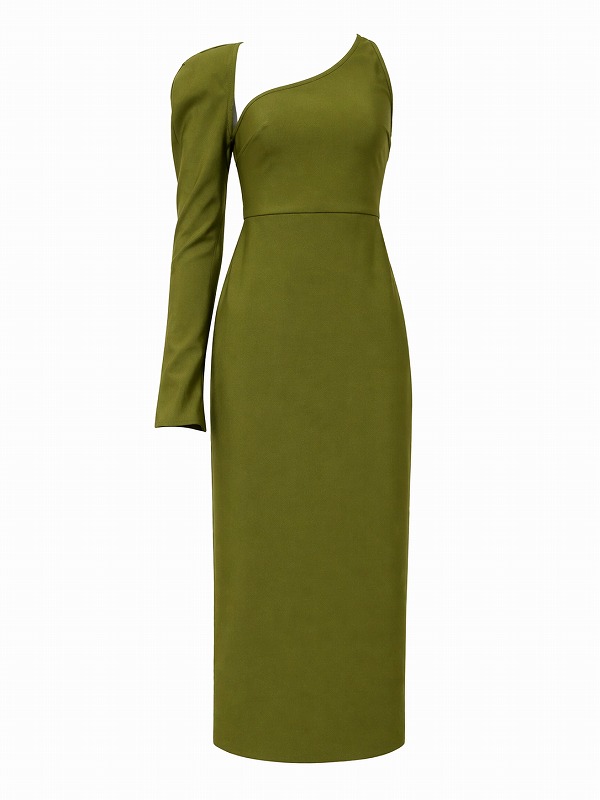 【新品DRESS 1972】サイドスリーブワンショルタイトミディアムドレス オリーブ【asos】